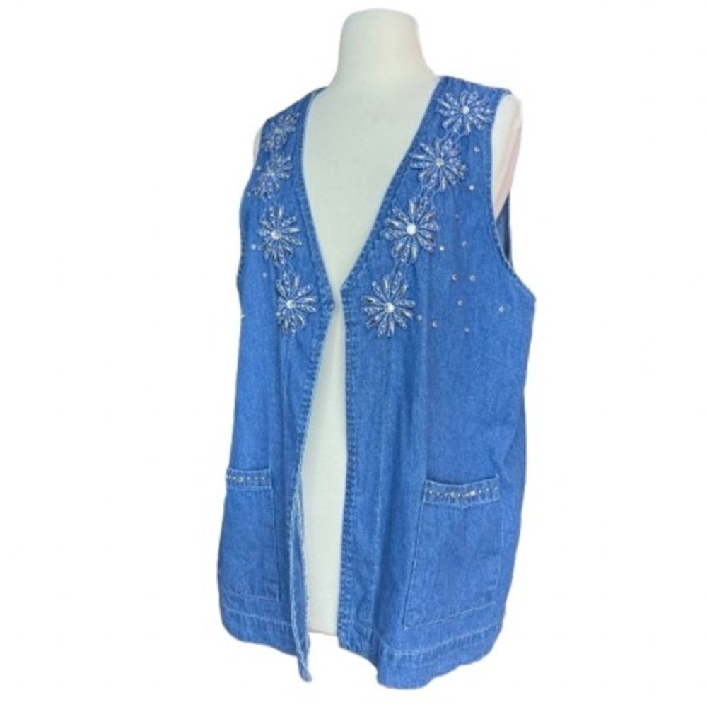 Vintage XL 90's Blue Denim Flower Embroidery Vest Bling Rhinestones Teacher Core